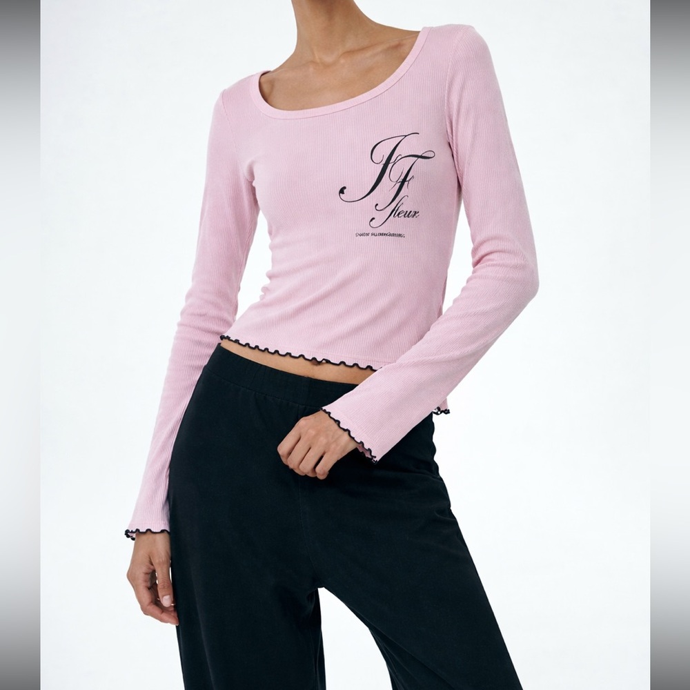 Y2K Kavio US Air Force Pink Ribbed Scoop Neck Long Sleeve Top with Lettuce Hem